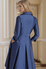 Dreamyannie Navy Lapel Neck A Line Tea Length Mother Of The Bride Dress With Pockets