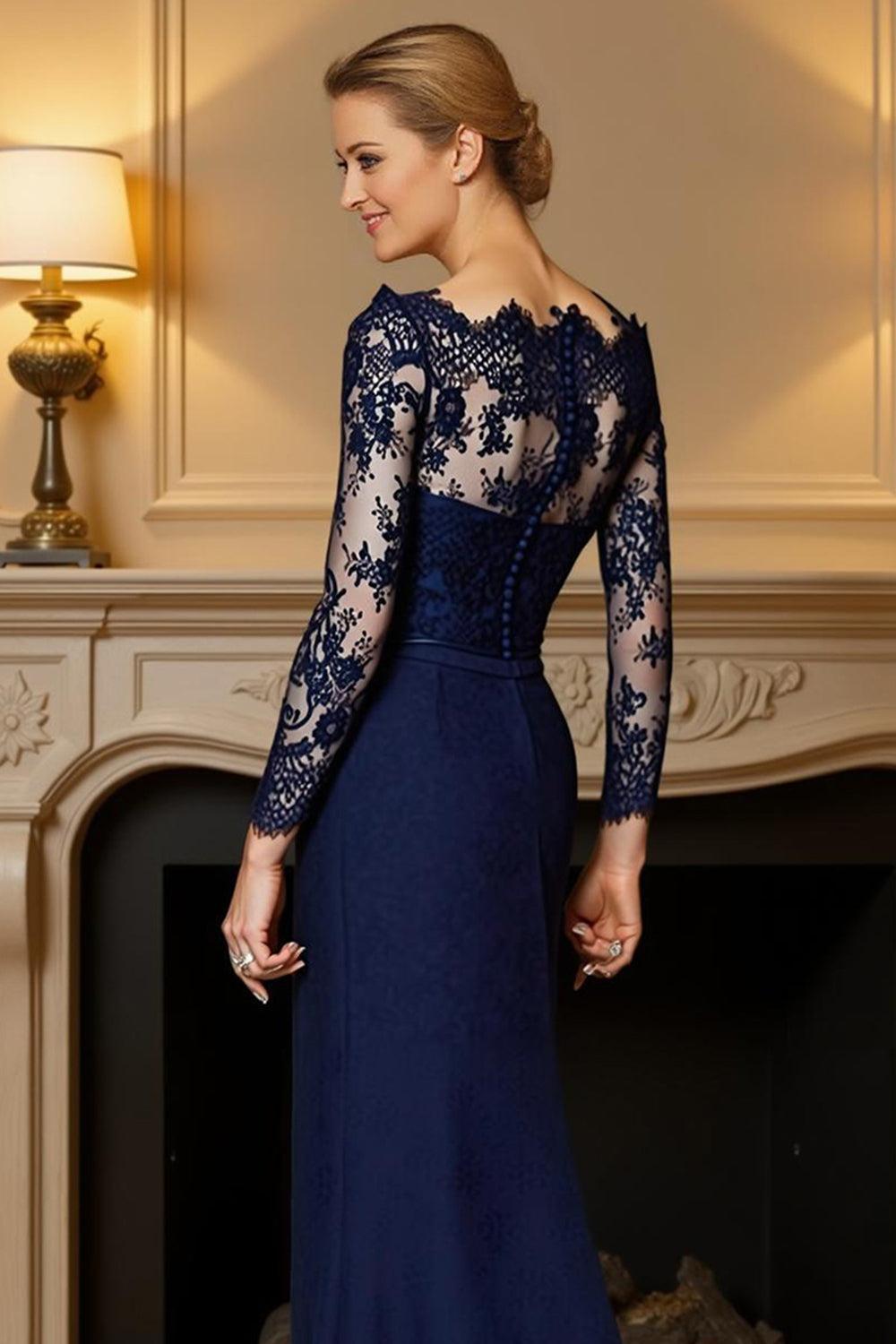 Dreamyannie Navy Mermaid Floor Length Mother Of The Bride Dress With Lace