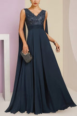 Dreamyannie Navy Mother of the Bride Dress A Line V Neck Sequined Sleeveless Chiffon Formal Dress