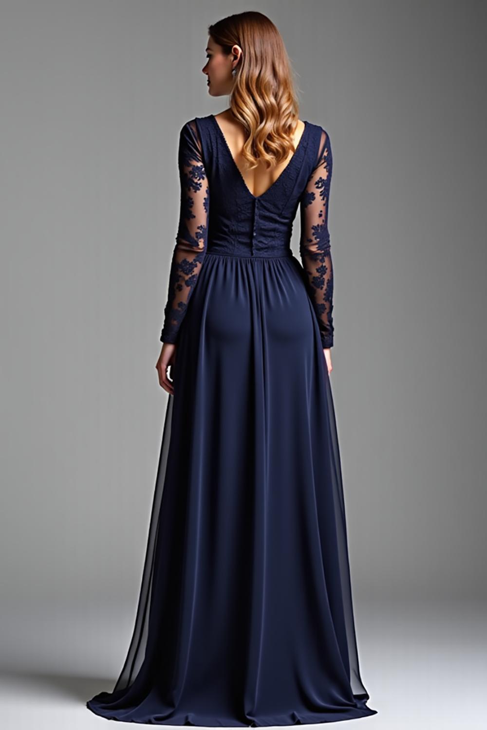 Dreamyannie Navy Mother of the Bride Dress Chiffon V-Neck Long Formal Dress With Long Sleeves
