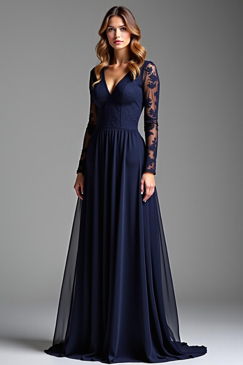Dreamyannie Navy Mother of the Bride Dress Chiffon V-Neck Long Formal Dress With Long Sleeves