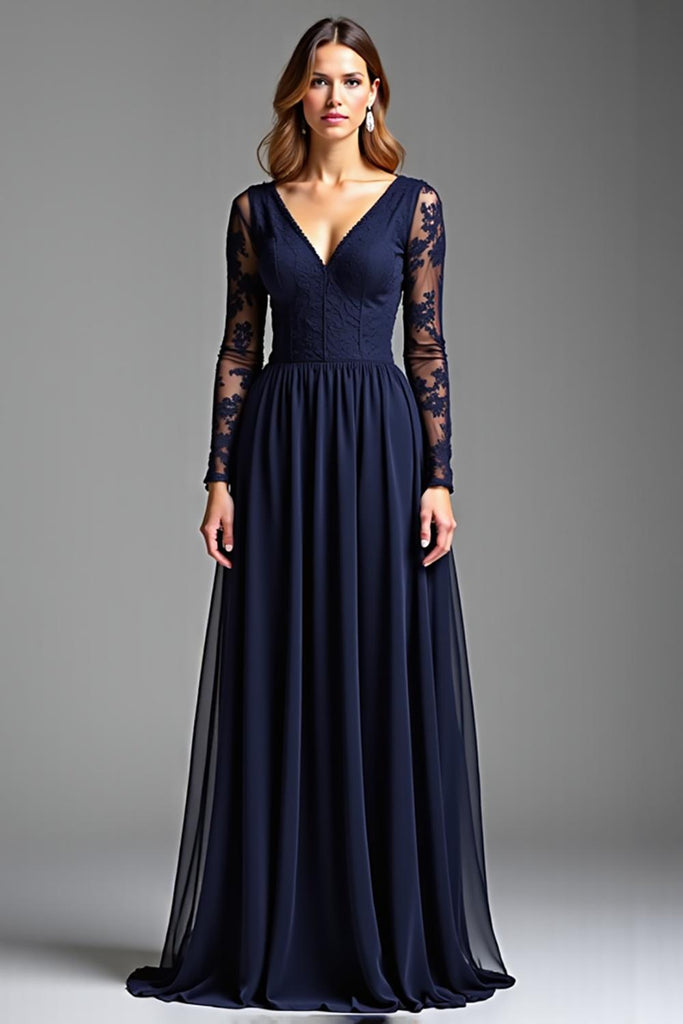 Dreamyannie UK Navy Mother of the Bride Dress Chiffon V-Neck Long Formal  Dress With Long Sleeves
