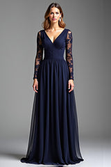 Dreamyannie Navy Mother of the Bride Dress Chiffon V-Neck Long Formal Dress With Long Sleeves