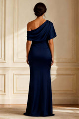 Dreamyannie Navy One Shoulder Mermaid Long Mother Of The Bride Dress With Slit