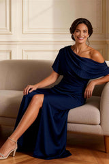 Dreamyannie Navy One Shoulder Mermaid Long Mother Of The Bride Dress With Slit