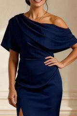 Dreamyannie Navy One Shoulder Mermaid Long Mother Of The Bride Dress With Slit