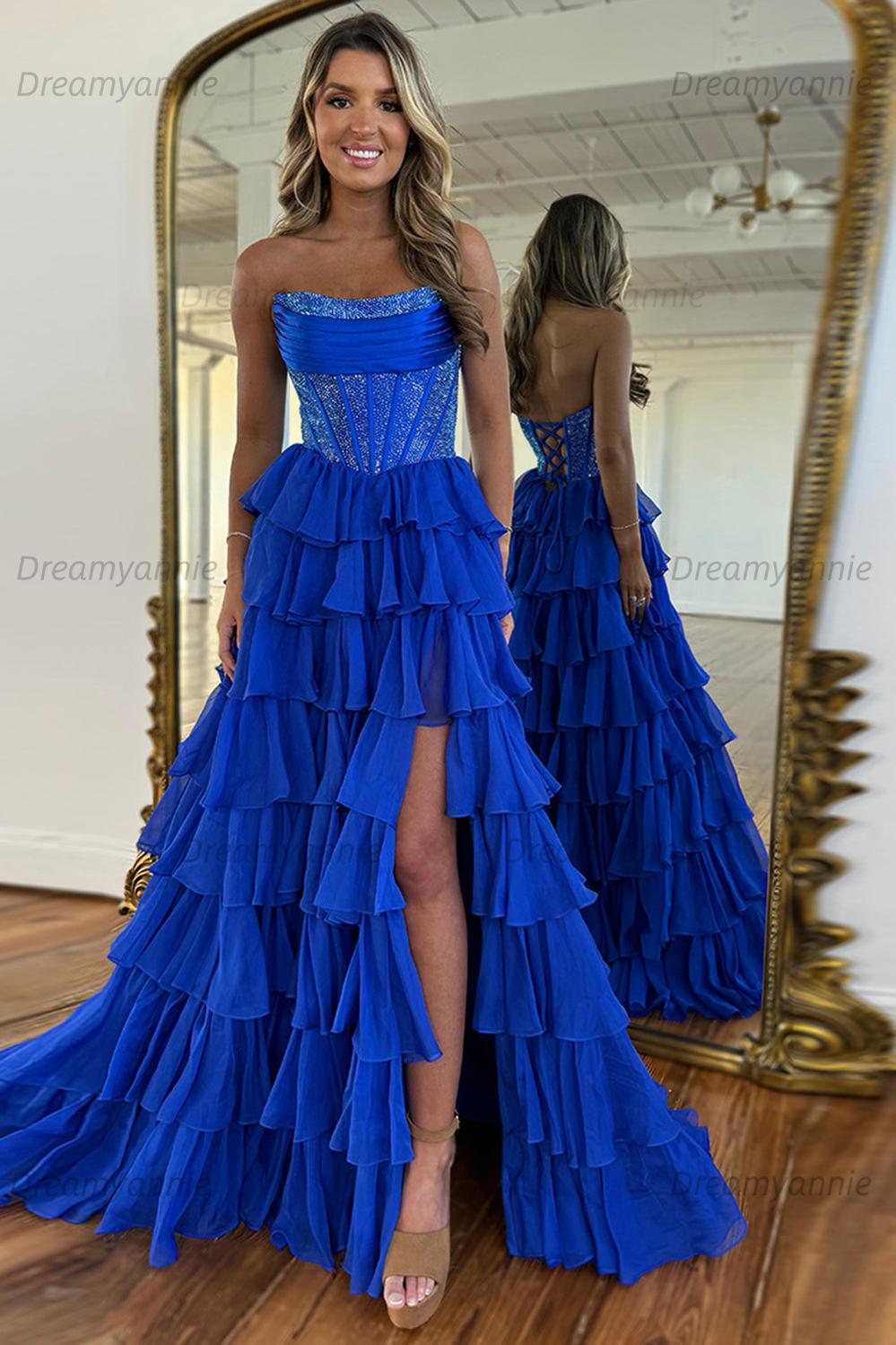 Dreamyannie Navy Prom Dress A Line Strapless Corset Long Chiffon Formal Dress