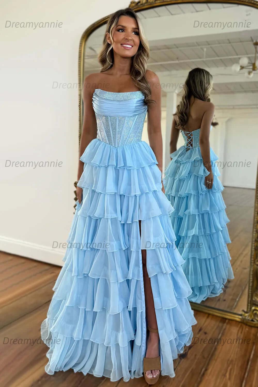 Dreamyannie Navy Prom Dress A Line Strapless Corset Long Chiffon Formal Dress
