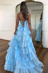 Dreamyannie Navy Prom Dress A Line Strapless Corset Long Chiffon Formal Dress