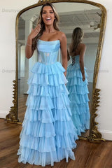 Dreamyannie Navy Prom Dress A Line Strapless Corset Long Chiffon Formal Dress