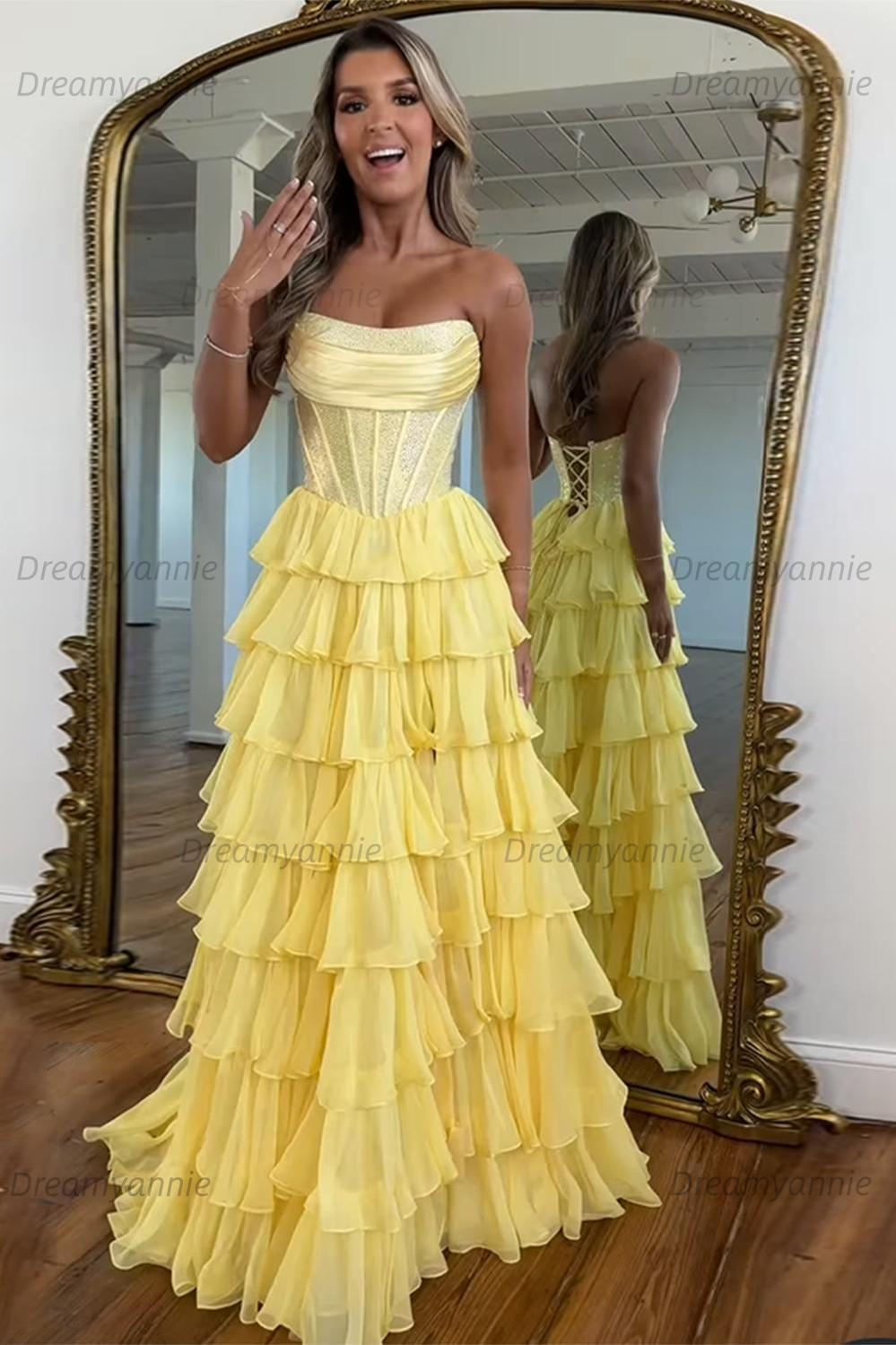 Dreamyannie Navy Prom Dress A Line Strapless Corset Long Chiffon Formal Dress