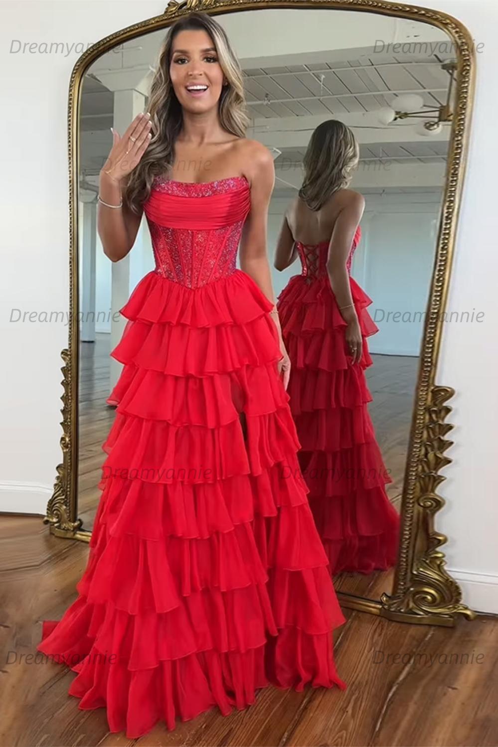 Dreamyannie Navy Prom Dress A Line Strapless Corset Long Chiffon Formal Dress