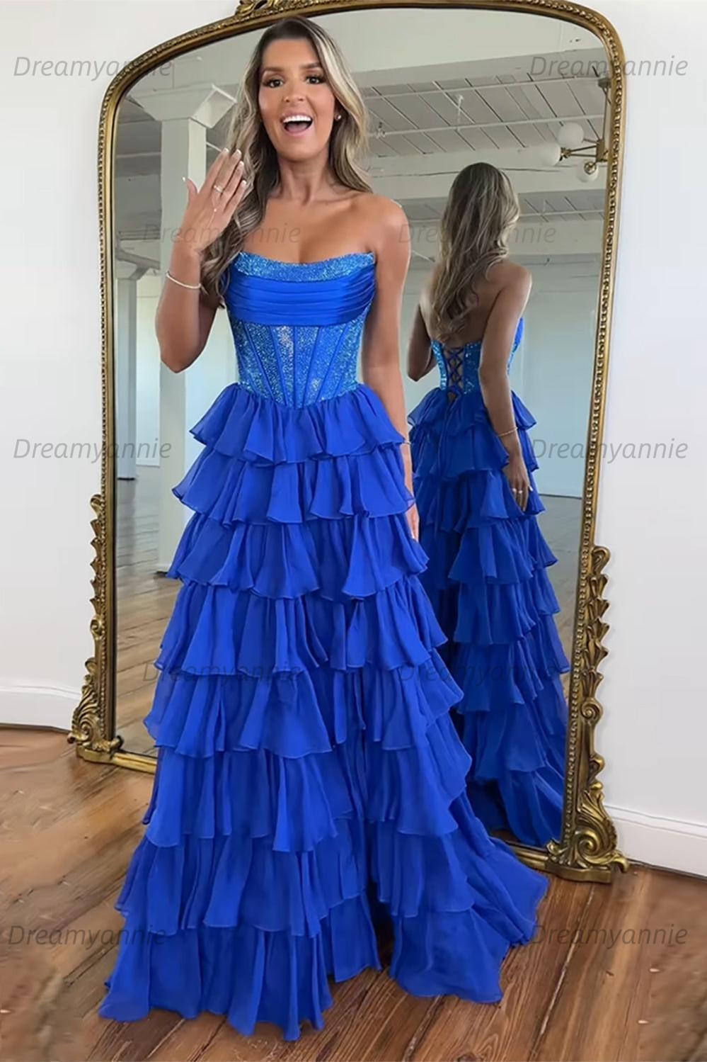 Dreamyannie Navy Prom Dress A Line Strapless Corset Long Chiffon Formal Dress