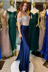 Dreamyannie Navy Prom Dress Beaded Mermaid Off The Shoulder Long Evening Dress With Tassels