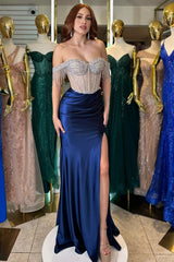 Dreamyannie Navy Prom Dress Beaded Mermaid Off The Shoulder Long Evening Dress With Tassels