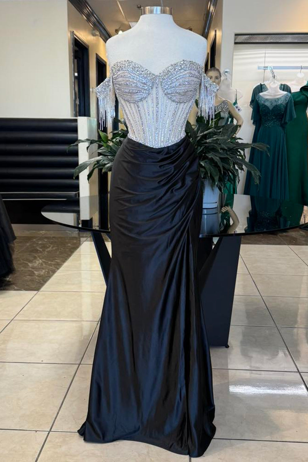 Dreamyannie Navy Prom Dress Beaded Mermaid Off The Shoulder Long Evening Dress With Tassels