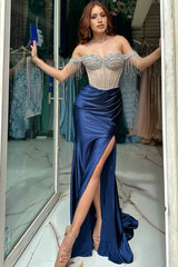 Dreamyannie Navy Prom Dress Beaded Mermaid Off The Shoulder Long Evening Dress With Tassels