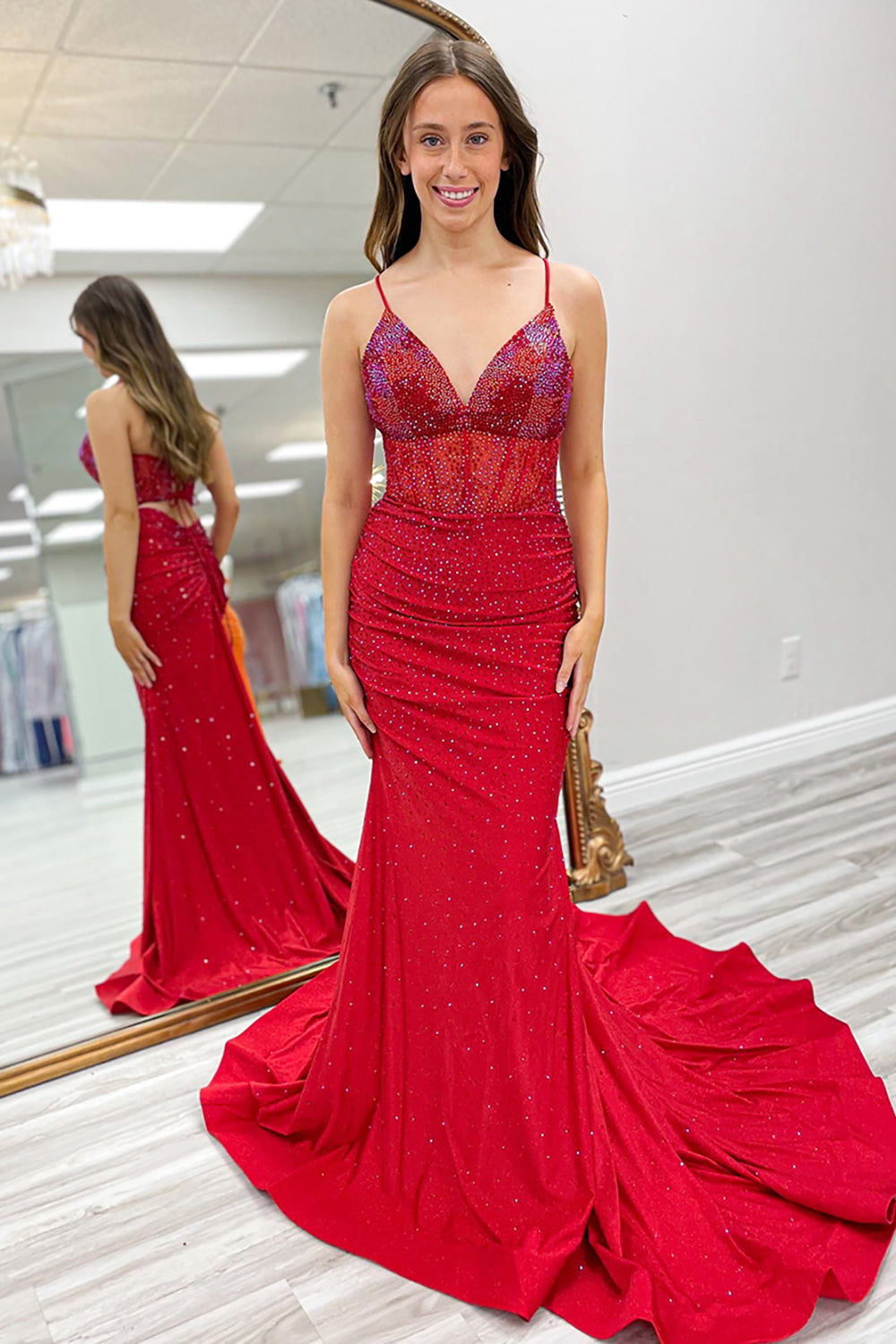 Dreamyannie Navy Prom Dress Beaded Mermaid Spaghetti Straps Long Formal Dress