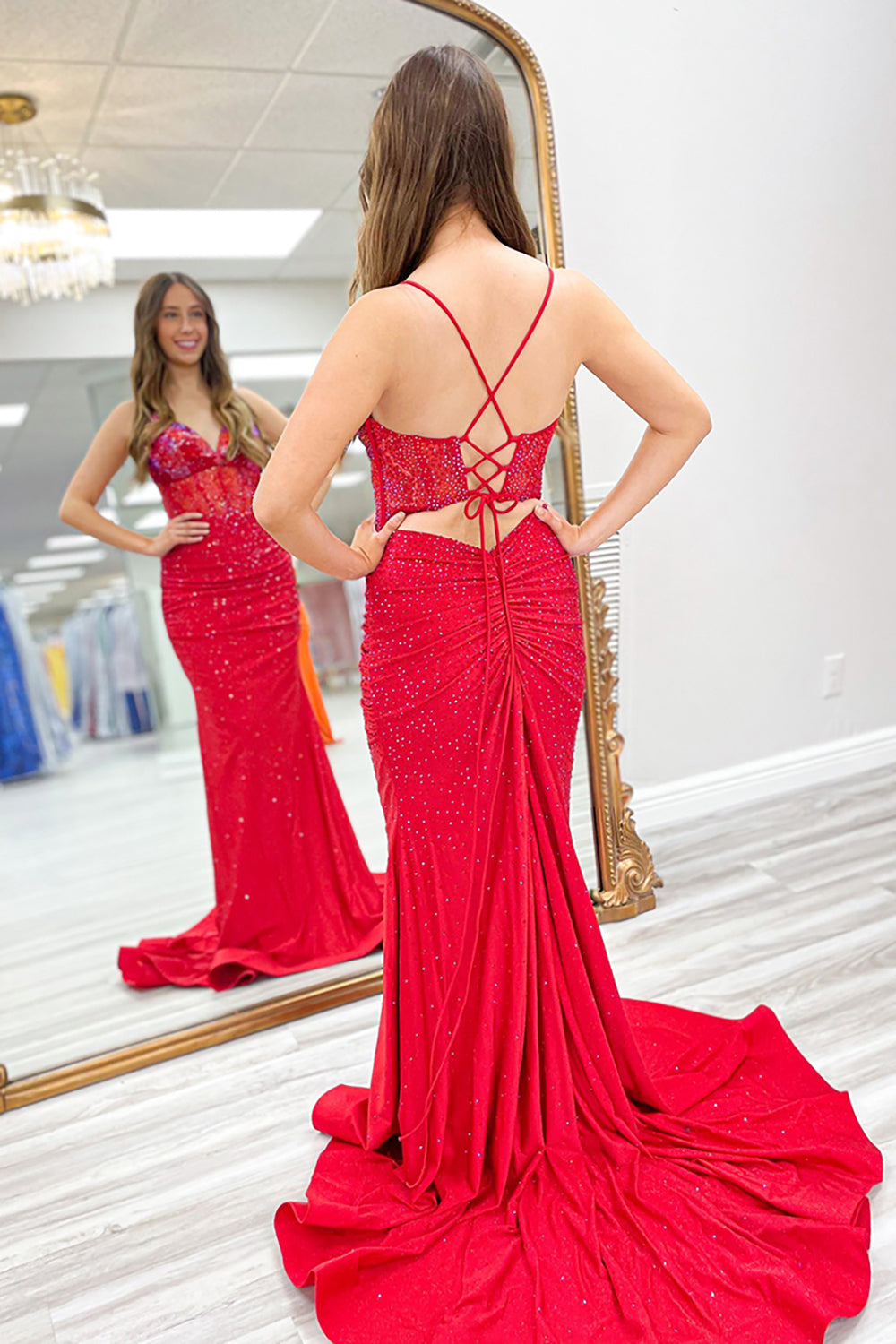 Dreamyannie Navy Prom Dress Beaded Mermaid Spaghetti Straps Long Formal Dress