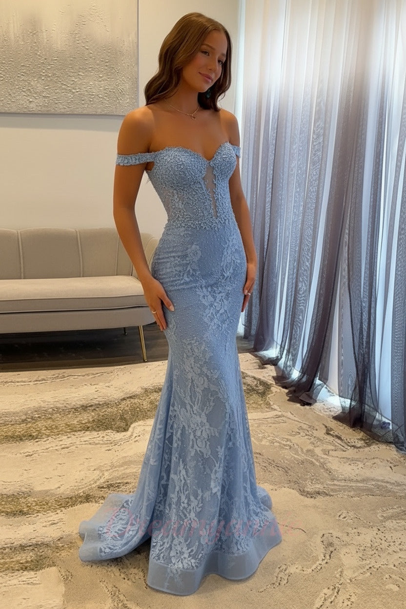 Dreamyannie Navy Prom Dress Off The Shoulder Mermaid Long Lace Formal Dress