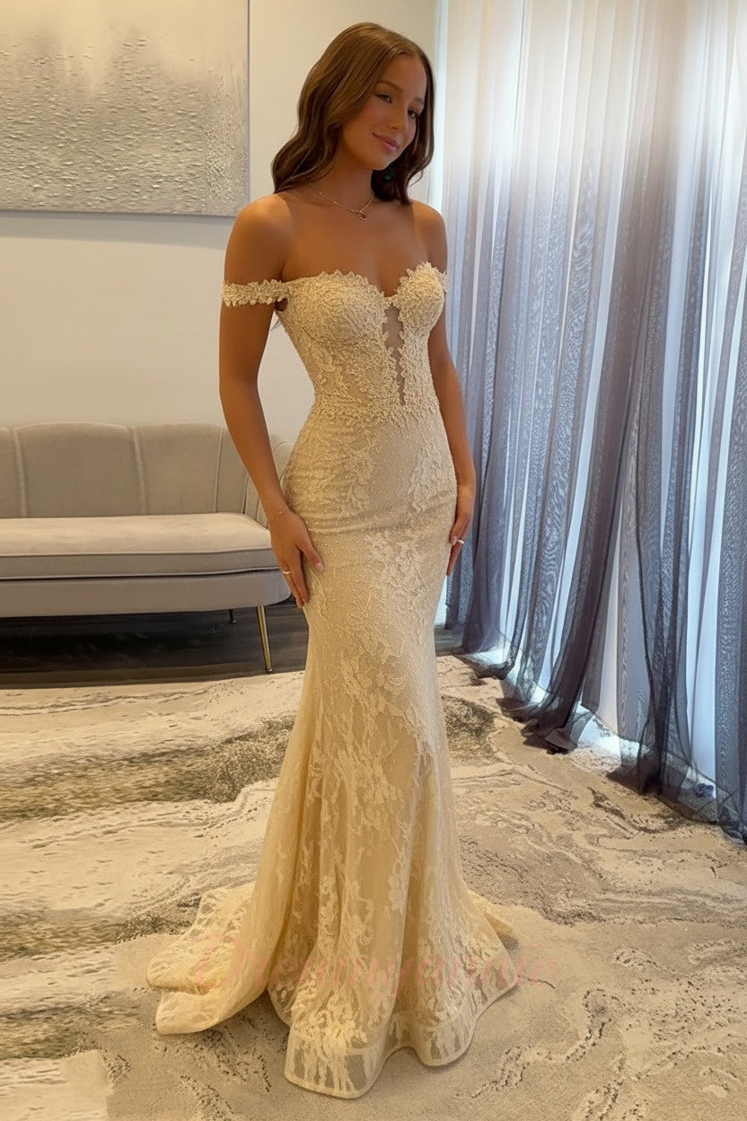 Dreamyannie Navy Prom Dress Off The Shoulder Mermaid Long Lace Formal Dress