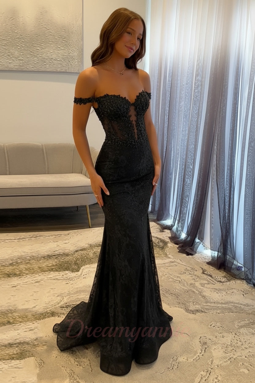 Dreamyannie Navy Prom Dress Off The Shoulder Mermaid Long Lace Formal Dress