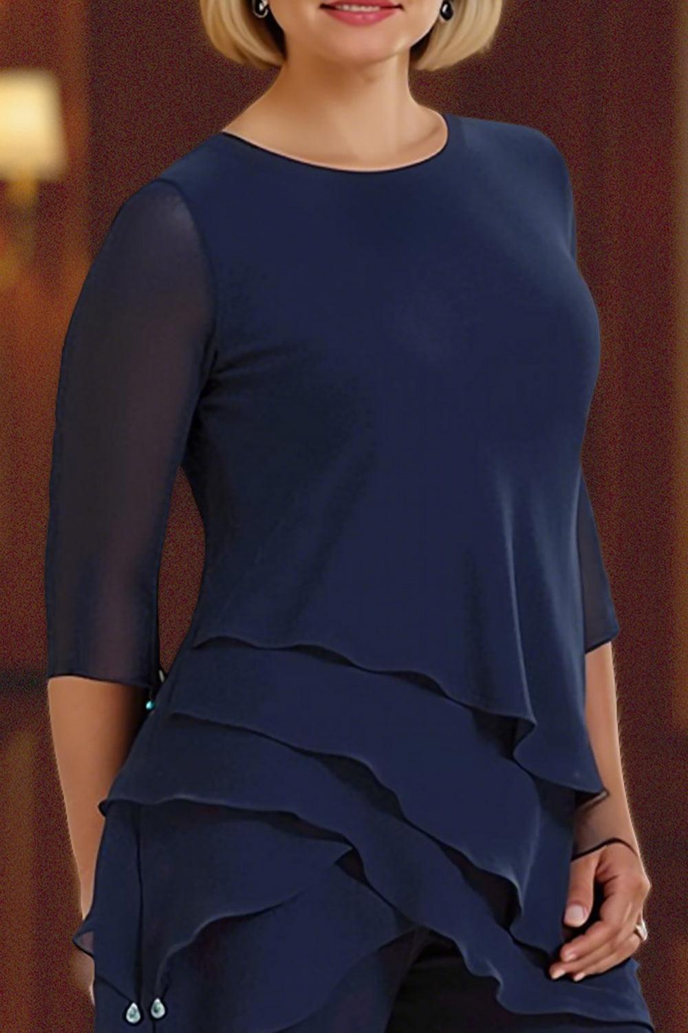 Dreamyannie Navy Round Neck Ruffled Chiffon 2 Piece Mother Of The Bride Pant Suits With Sleeves