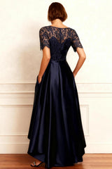 Dreamyannie Navy Satin Boat Neck A Line High Low Mother Of The Bride Dress With Lace