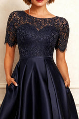 Dreamyannie Navy Satin Boat Neck A Line High Low Mother Of The Bride Dress With Lace