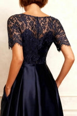 Dreamyannie Navy Satin Boat Neck A Line High Low Mother Of The Bride Dress With Lace