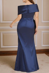 Dreamyannie Navy Satin Mermaid Off The Shoulder Floor Length Mother Of The Bride Dress
