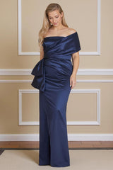 Dreamyannie Navy Satin Mermaid Off The Shoulder Floor Length Mother Of The Bride Dress