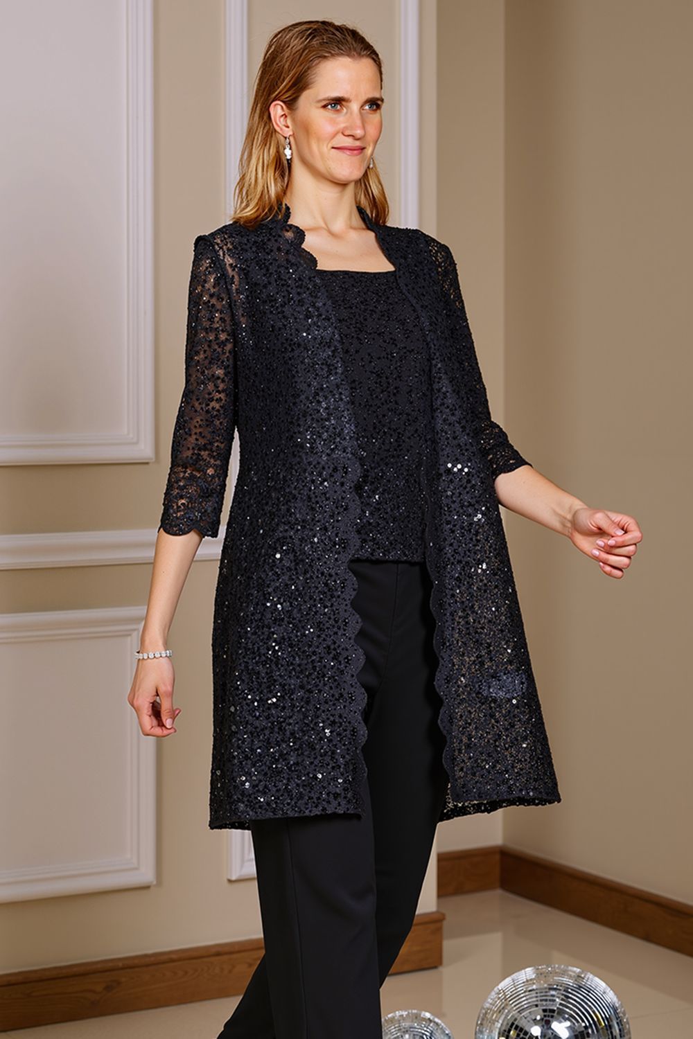 Dreamyannie Navy Sequin Boat Neck 3 Piece Mother Of The Bride Pant Suits With Jacket