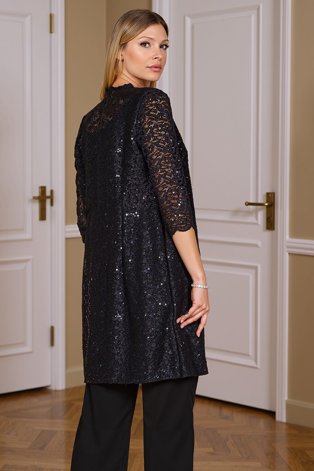 Dreamyannie Navy Sequin Boat Neck 3 Piece Mother Of The Bride Pant Suits With Jacket