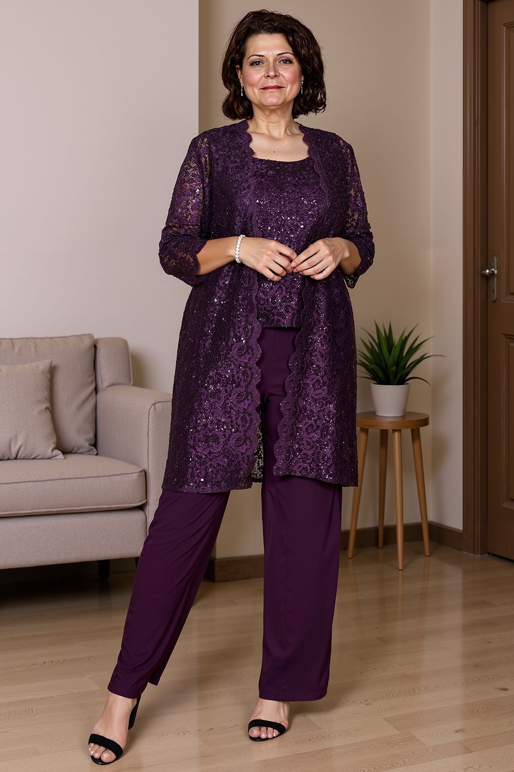 Dreamyannie Navy Sequin Boat Neck 3 Piece Mother Of The Bride Pant Suits With Jacket