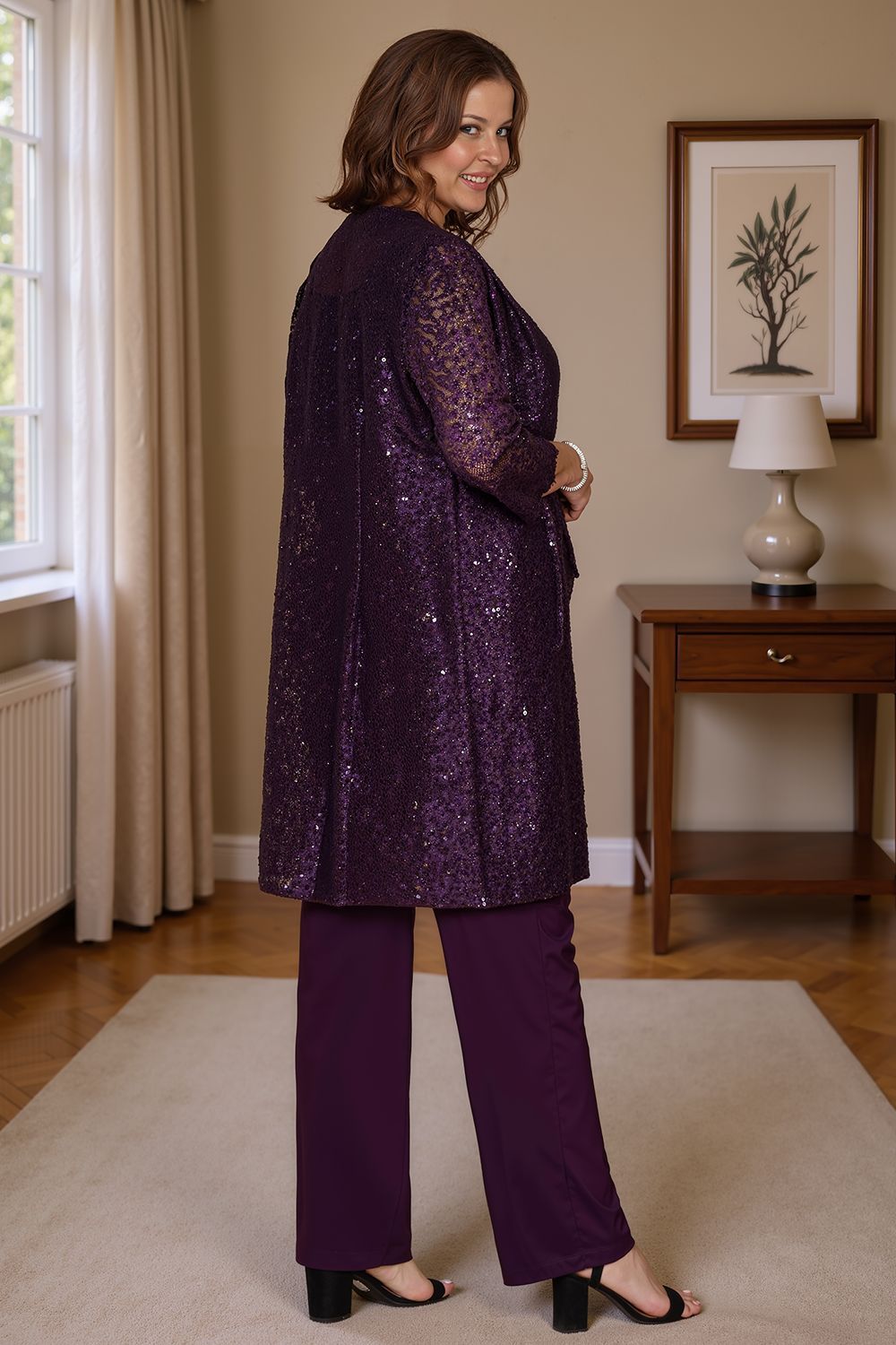 Dreamyannie Navy Sequin Boat Neck 3 Piece Mother Of The Bride Pant Suits With Jacket
