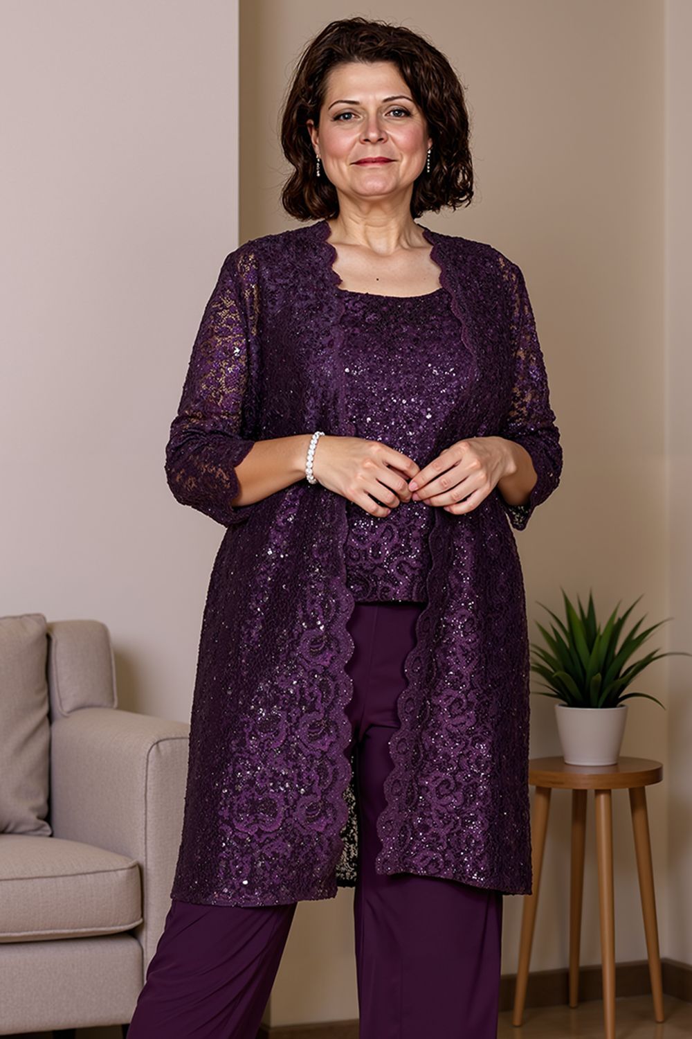 Dreamyannie Navy Sequin Boat Neck 3 Piece Mother Of The Bride Pant Suits With Jacket