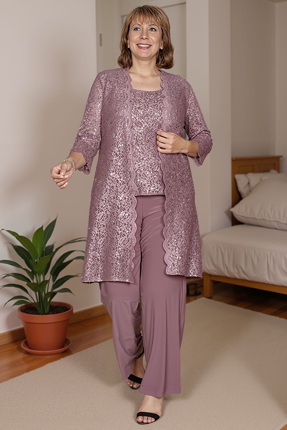 Dreamyannie Navy Sequin Boat Neck 3 Piece Mother Of The Bride Pant Suits With Jacket
