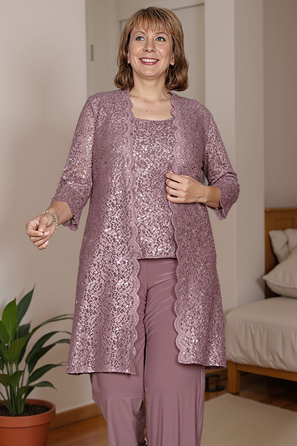 Dreamyannie Navy Sequin Boat Neck 3 Piece Mother Of The Bride Pant Suits With Jacket