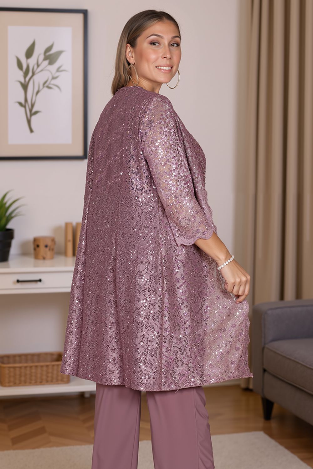 Dreamyannie Navy Sequin Boat Neck 3 Piece Mother Of The Bride Pant Suits With Jacket