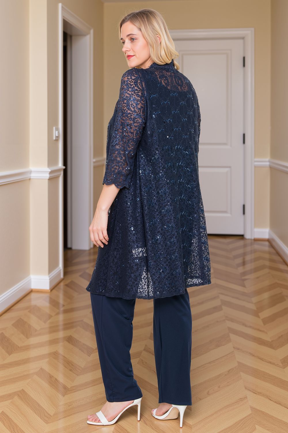 Dreamyannie Navy Sequin Boat Neck 3 Piece Mother Of The Bride Pant Suits With Jacket