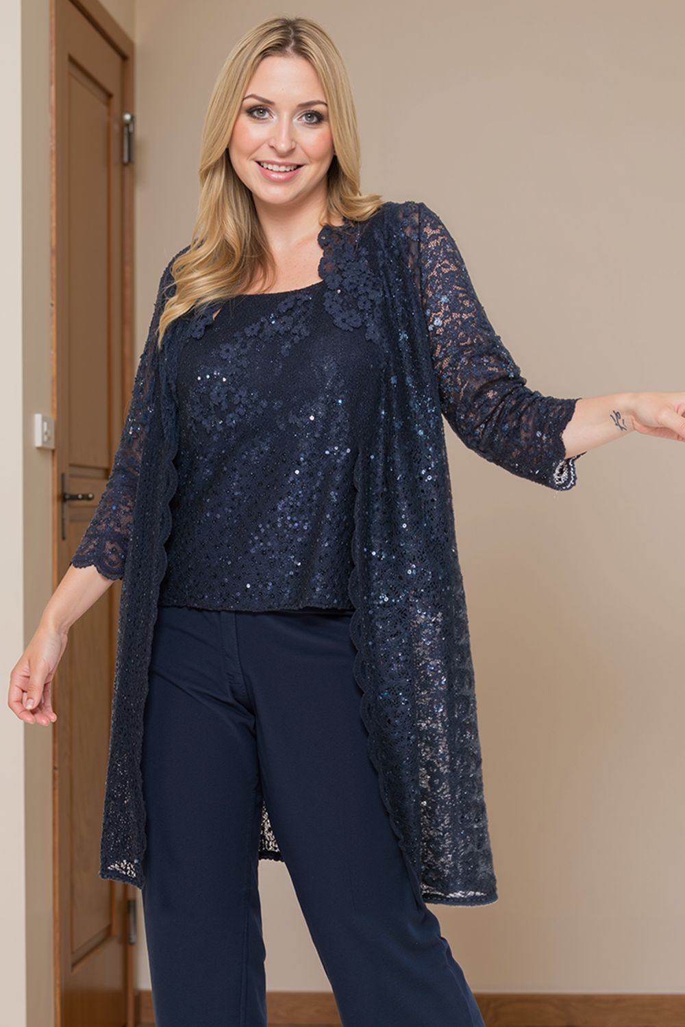 Dreamyannie Navy Sequin Boat Neck 3 Piece Mother Of The Bride Pant Suits With Jacket