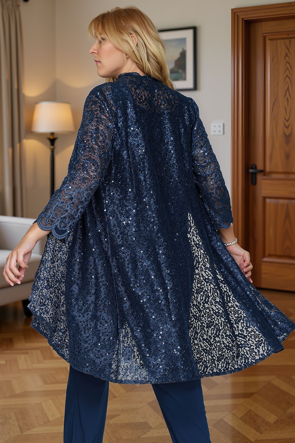 Dreamyannie Navy Sequin Boat Neck 3 Piece Mother Of The Bride Pant Suits With Jacket