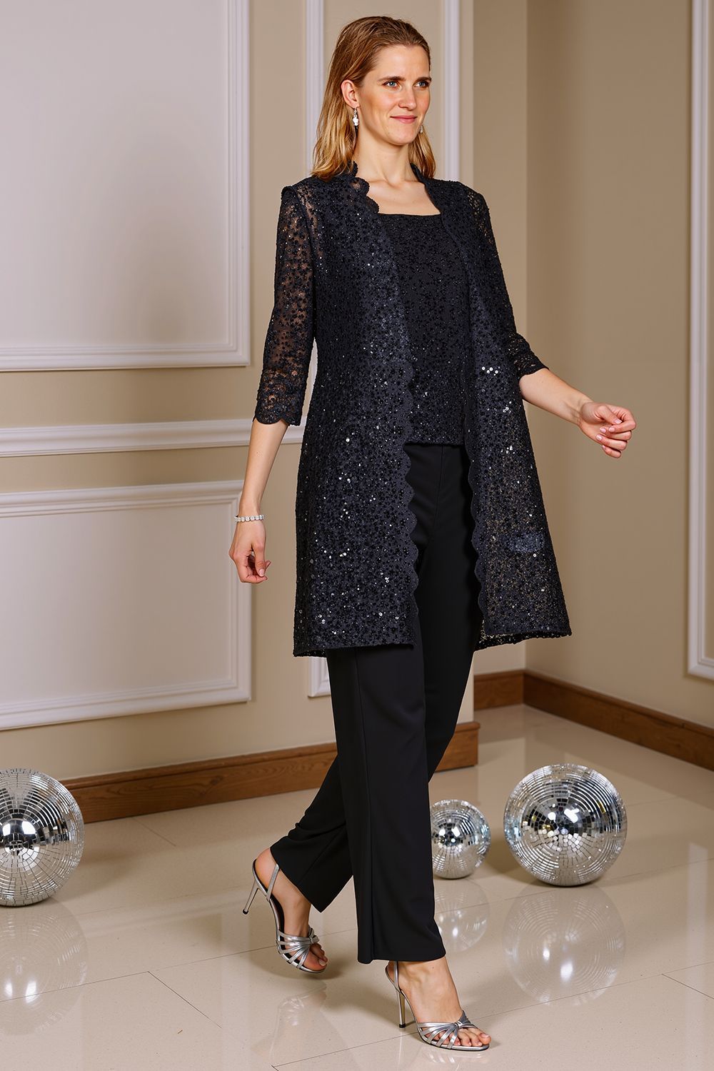 Dreamyannie Navy Sequin Boat Neck 3 Piece Mother Of The Bride Pant Suits With Jacket