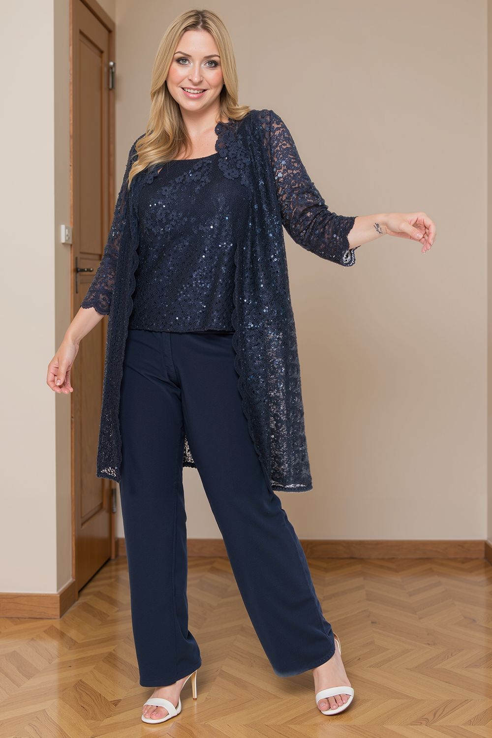 Dreamyannie Navy Sequin Boat Neck 3 Piece Mother Of The Bride Pant Suits With Jacket
