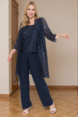 Dreamyannie Navy Sequin Boat Neck 3 Piece Mother Of The Bride Pant Suits With Jacket