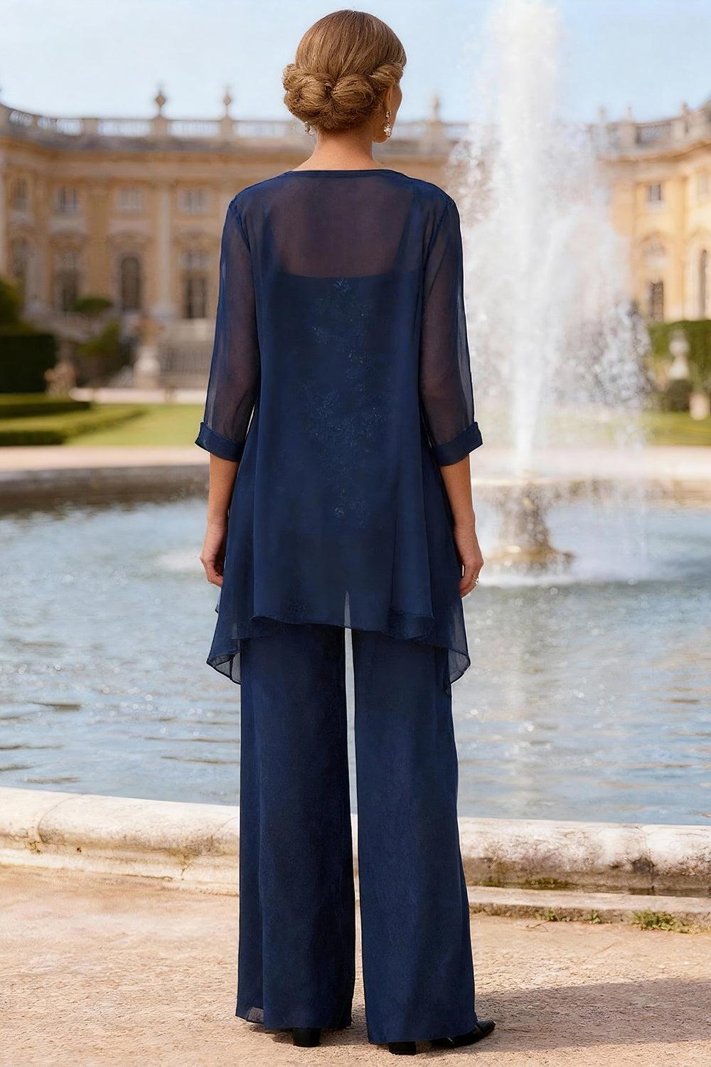 Dreamyannie Navy Square Neck 3 Piece Mother Of The Bride Pant Suits With Jacket