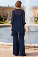 Dreamyannie Navy Square Neck 3 Piece Mother Of The Bride Pant Suits With Jacket