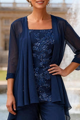 Dreamyannie Navy Square Neck 3 Piece Mother Of The Bride Pant Suits With Jacket