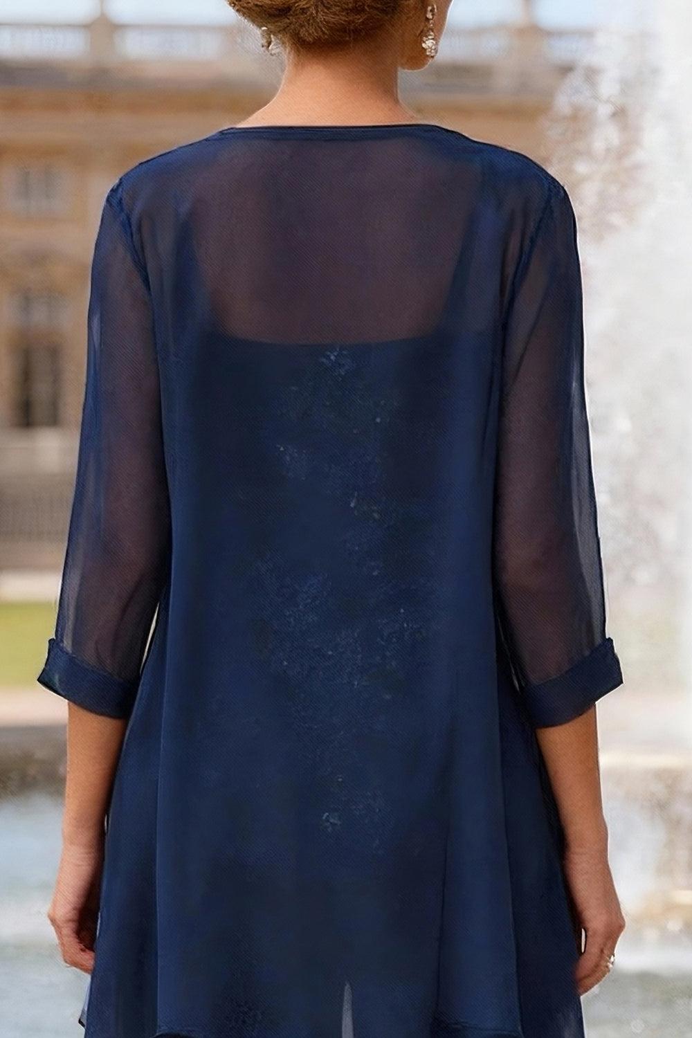Dreamyannie Navy Square Neck 3 Piece Mother Of The Bride Pant Suits With Jacket